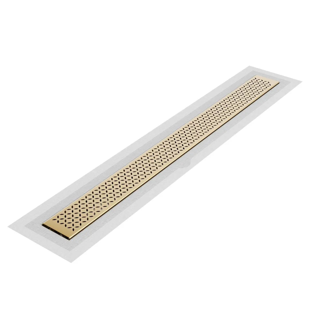 QM Drain Lotus Delmar Standard Length Flange Edge Linear Drain in Gold finish, featuring a sleek stainless-steel channel with an integrated flange edge. This drain offers efficient water drainage, seamless tile integration, and a luxurious modern aesthetic for high-end bathroom installations.