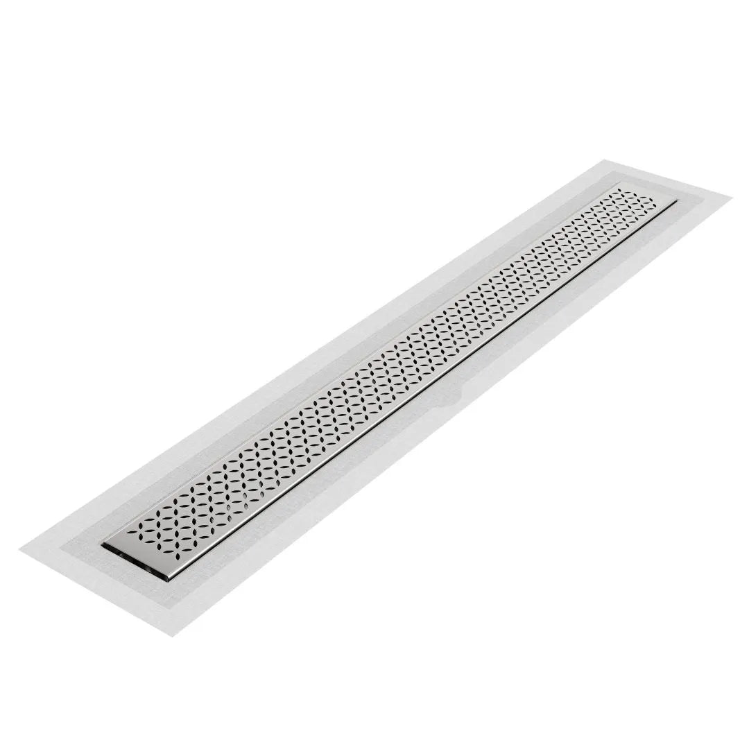 QM Drain Lotus Delmar Standard Length Flange Edge Linear Drain in Satin finish, featuring a sleek stainless-steel channel with an integrated flange edge. This drain ensures seamless tile integration and efficient water drainage, enhancing the modern aesthetic of luxury bathroom floors.