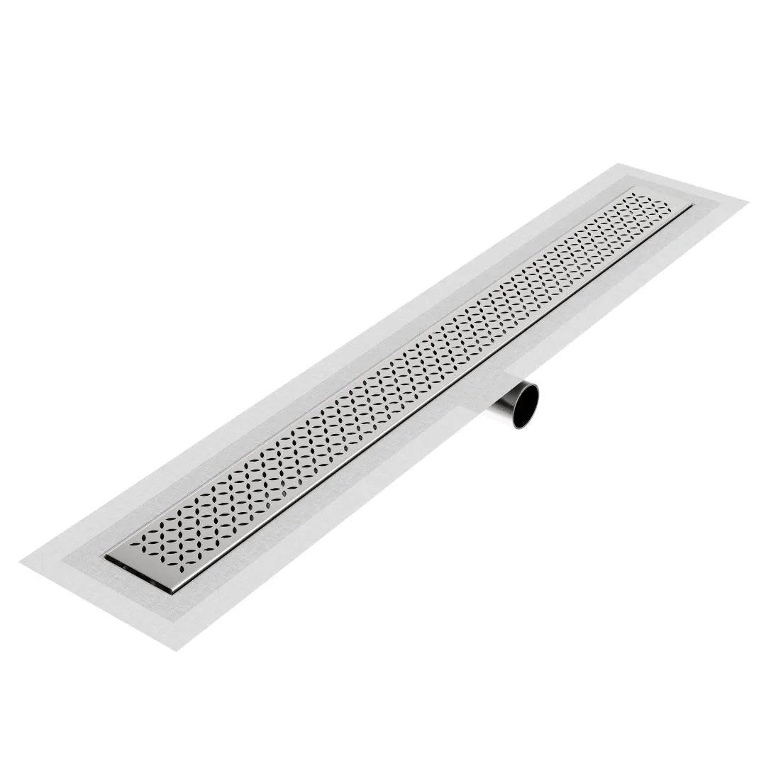 QM Drain Lotus Delmar Standard Length Side Outlet Linear Drain in Satin finish, showcasing the sleek stainless-steel channel with side outlet connection. This drain features an elegant, minimalist design with integrated waterproof flange for efficient water drainage in luxury shower installations.