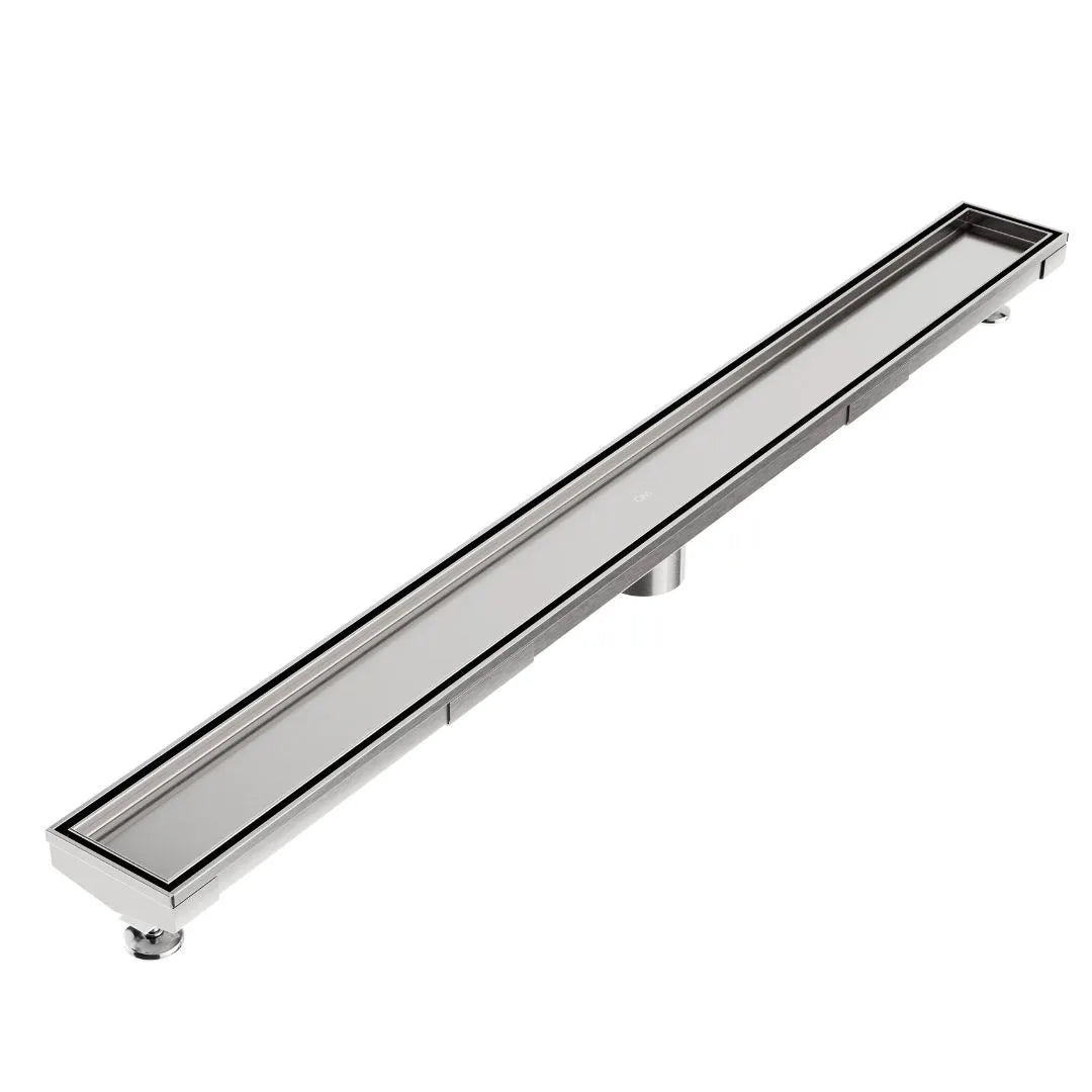 QM Drain Mist Tile-In Adjustable Kit Delmar Linear Drain in Satin finish with 2″ outlet, featuring a stainless-steel adjustable channel with precision perforated grate, integrated waterproof flange, and customizable length for efficient drainage and seamless integration into modern luxury shower designs.