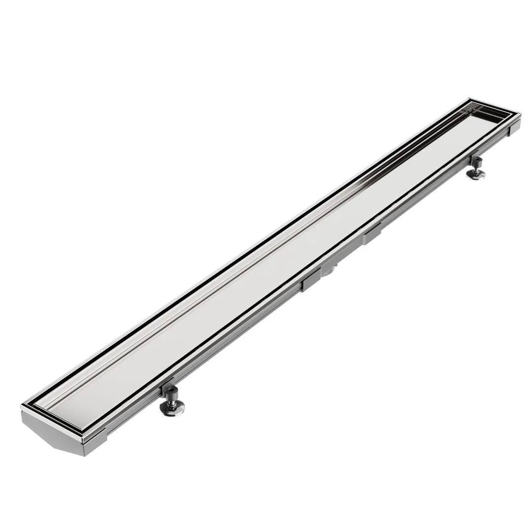 QM Drain Mist Tile-In Adjustable Kit Lagos Linear Drain in Polished finish with 3″ outlet, featuring a stainless-steel adjustable channel with precision perforated grate, integrated waterproof flange, and customizable length for efficient drainage and seamless integration into modern shower installations.