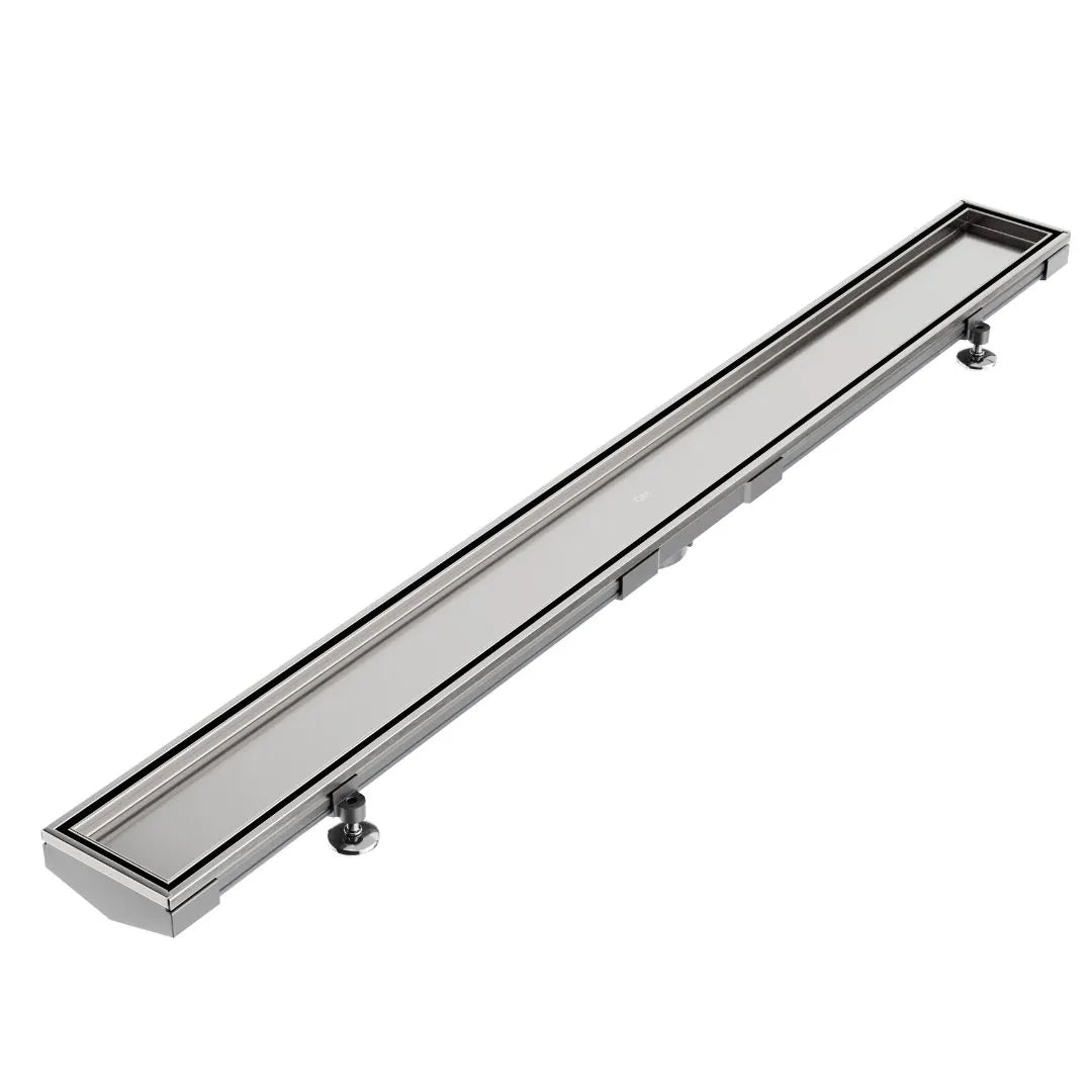 QM Drain Mist Tile-In Adjustable Kit Lagos Linear Drain in Satin finish with 3″ outlet, featuring a stainless-steel adjustable channel with precision perforated grate, integrated waterproof flange, and customizable length for efficient drainage and seamless integration in modern luxury shower designs.