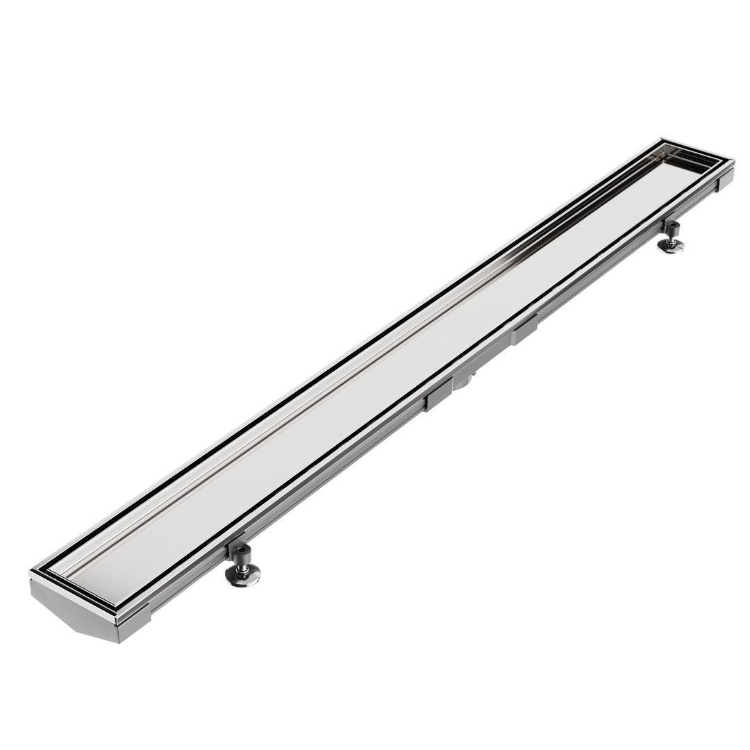 QM Drain Mist (Tile-In) Adjustable Lagos Linear Drain with 2-inch outlet in Polished finish, featuring a stainless-steel channel with fine perforated 'mist' grate. This adjustable drain offers seamless tile integration, efficient water drainage, and a modern minimalist aesthetic for luxury shower installations.