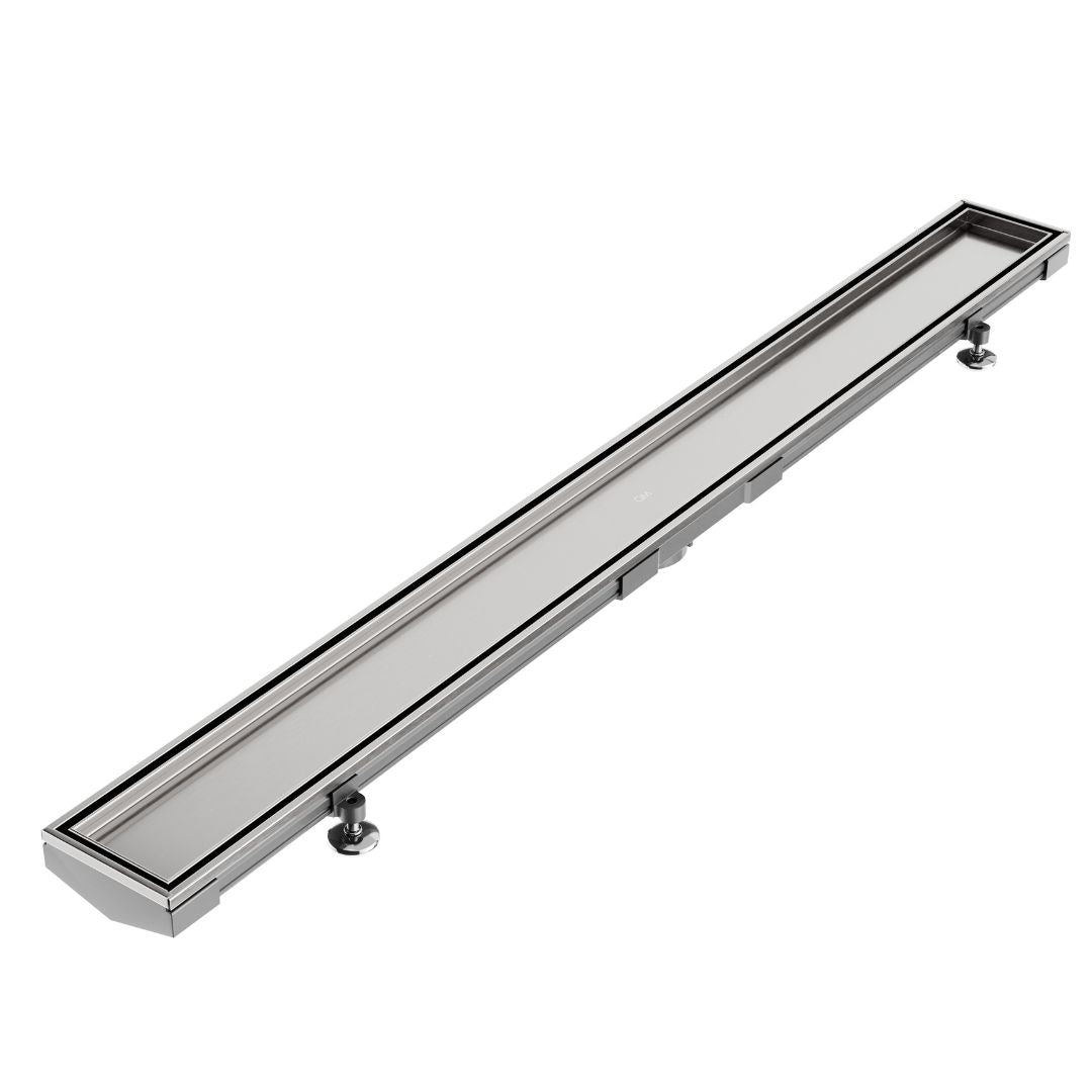 QM Drain Mist (Tile-In) Adjustable Lagos Linear Drain with 2-inch outlet in Satin finish, featuring a stainless-steel channel with fine perforated 'mist' grate. This adjustable drain offers seamless tile integration, efficient water drainage, and a modern minimalist aesthetic for luxury shower installations.