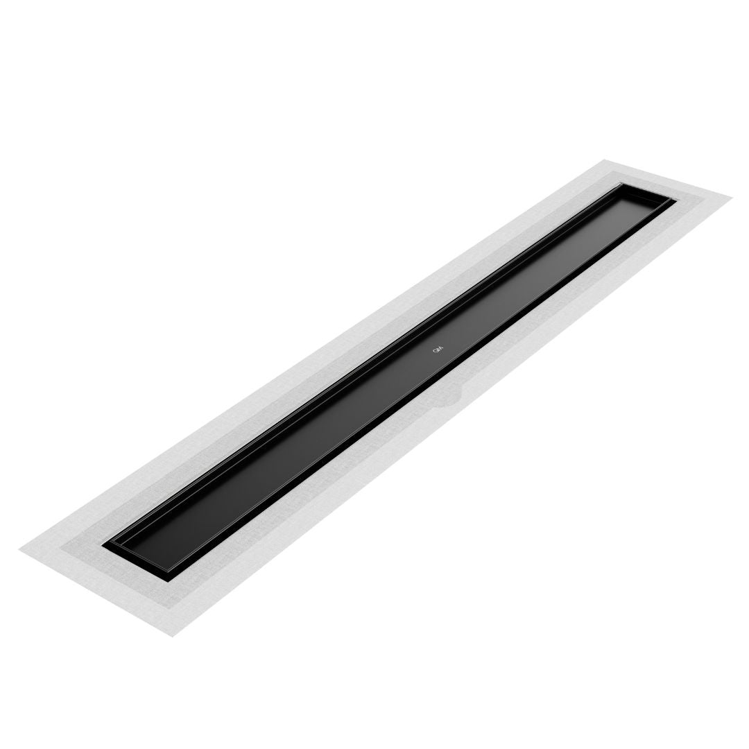 QM Drain Mist Tile-In Delmar Standard Length Flange Edge Linear Drain in Black finish, featuring a sleek stainless-steel channel with integrated flange edge and fine ‘mist’ perforated grate. Designed for seamless tile integration, providing efficient drainage and a sleek, modern aesthetic for luxury shower floors.
