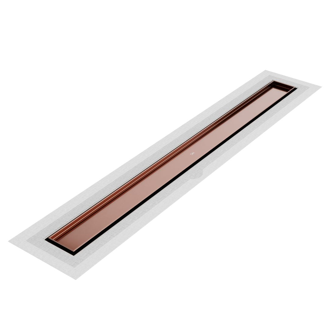 QM Drain Mist Tile-In Delmar Standard Length Flange Edge Linear Drain in Bronze finish, featuring a sleek stainless-steel channel with integrated flange edge and fine ‘mist’ perforated grate. Designed for seamless tile integration, offering efficient drainage and a sophisticated, modern look for luxury shower floors.
