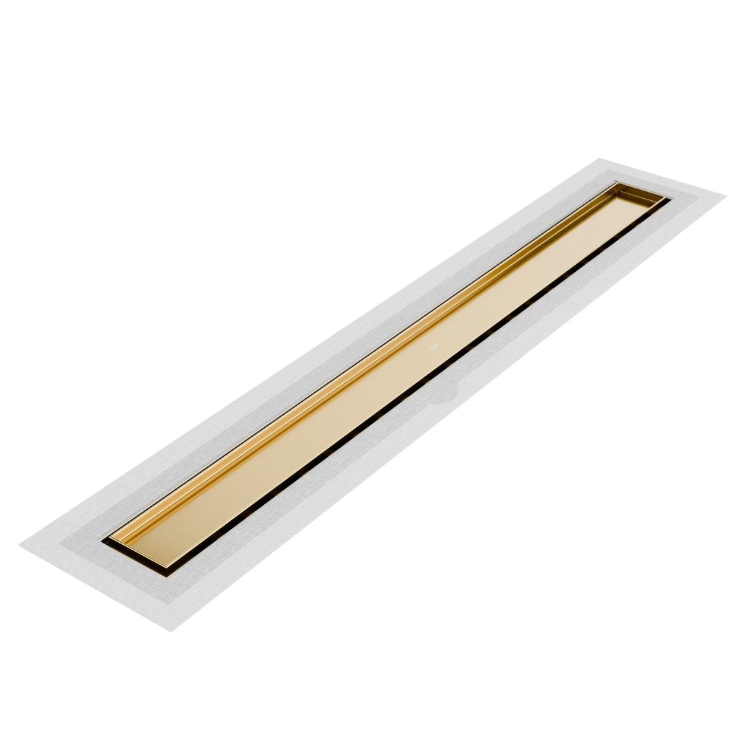 QM Drain Mist Tile-In Delmar Standard Length Flange Edge Linear Drain in Gold finish, featuring a sleek stainless-steel channel with integrated flange edge and fine ‘mist’ perforated grate. Designed for seamless tile integration, offering efficient drainage and a premium aesthetic for luxury shower floors.
