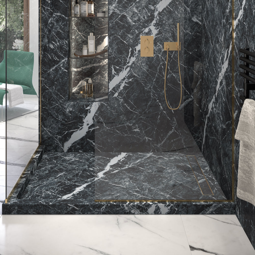 QM Drain product image showcasing the Mist (Tile-In) Bronze Standard Length Linear Drain. Designed for seamless tile integration, this drain offers efficient water drainage and a luxurious bronze finish, perfect for modern bathroom setups that prioritize both style and functionality.