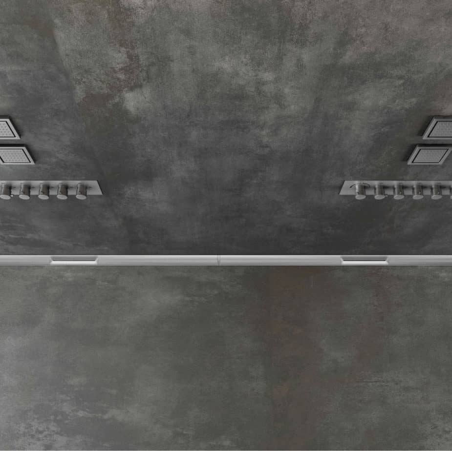 Modern top-down view of the QM Drain Supreme Double-Function Drain in Satin finish—rectangular stainless-steel channel with dual grate patterns, integrated waterproof flange on both sides, and central trap assembly, designed for seamless tile integration and efficient bidirectional water evacuation.