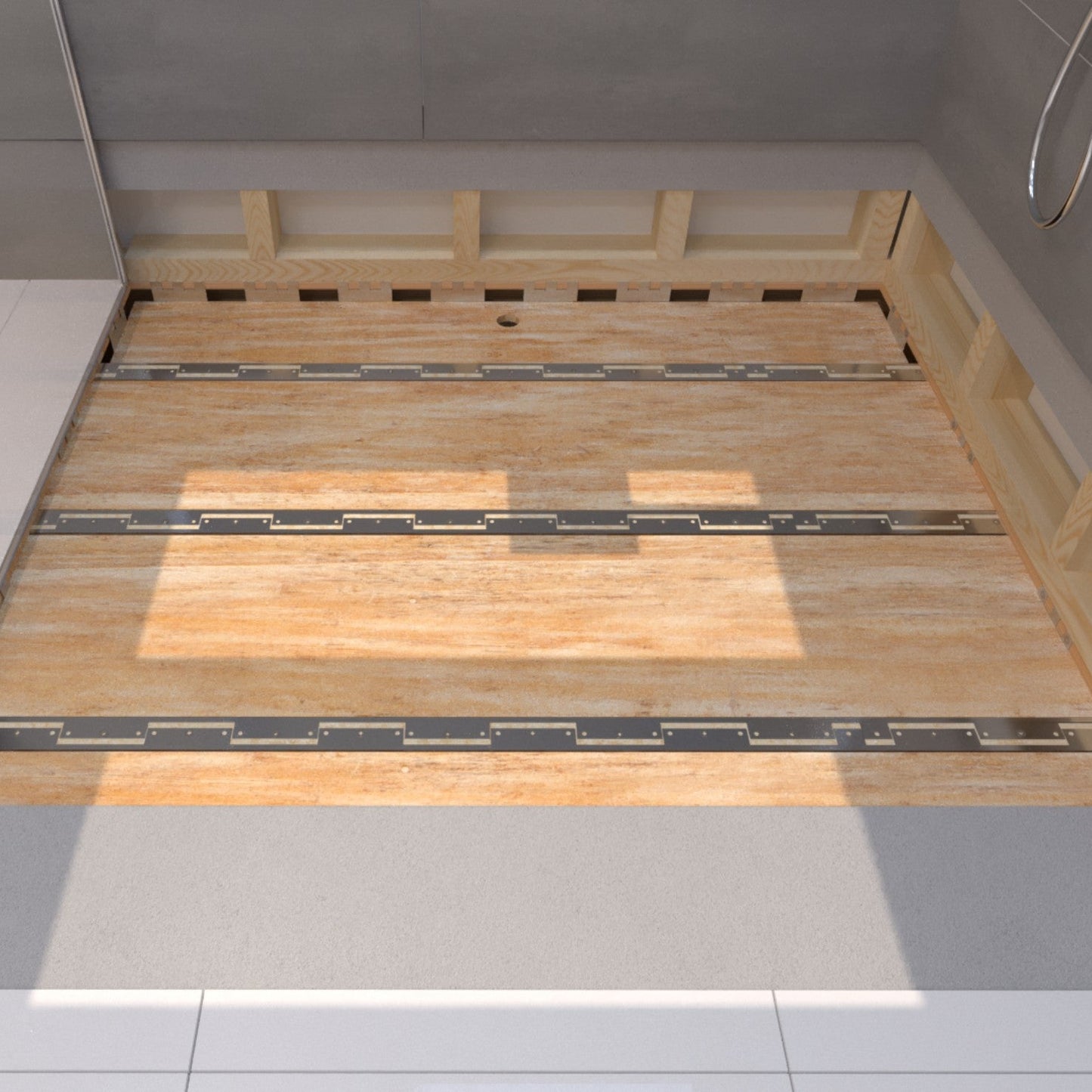 QM Drain image showing a recessed plywood system, designed for seamless integration with drain installations. This feature ensures a smooth and secure setup for shower pans and linear drains, offering both durability and efficient water drainage for modern bathroom designs.
