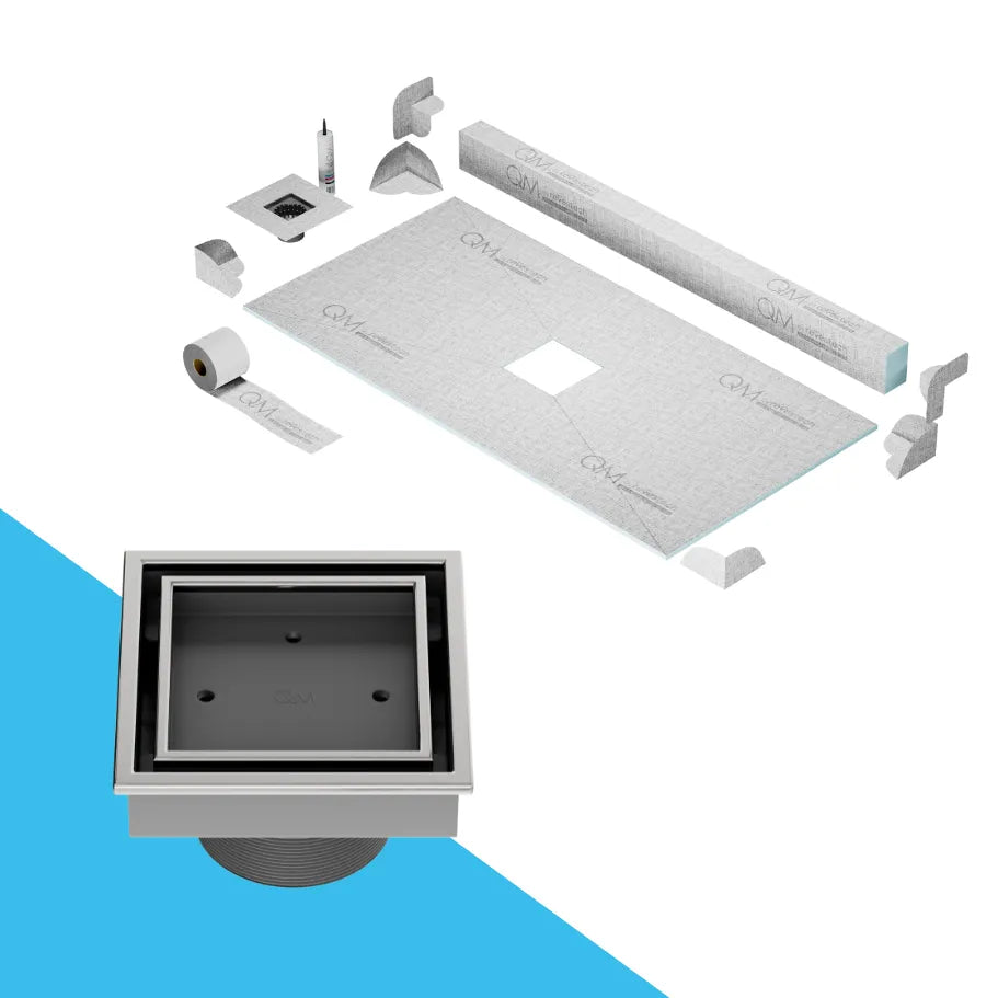 Modern shower floor showcasing the QM Drain Shower Pan Center Lagos in Polished finish—4″×4″ stainless-steel tile-in drain installed at the center, featuring a sleek concealed grate, integrated waterproofing flange, and high-flow performance for luxury bathroom designs.