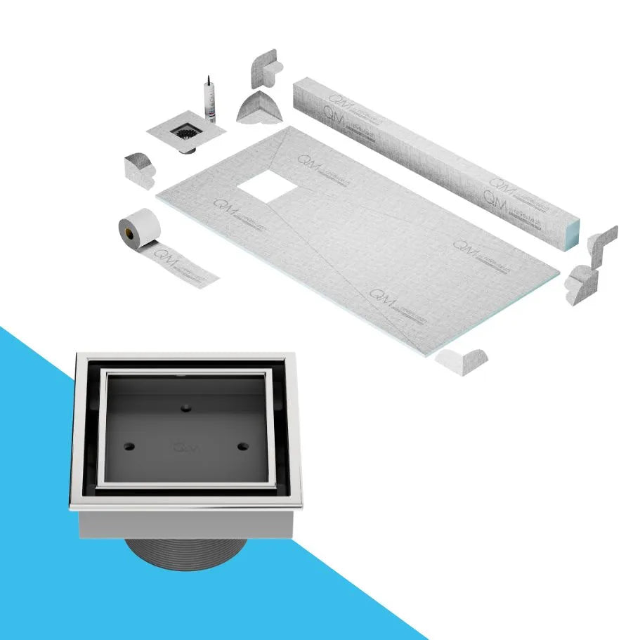 Modern shower floor showcasing the QM Drain Veil Square Drain in Satin finish—tile-in 4″×4″ off-center drain featuring a concealed stainless-steel grate, integrated waterproofing flange, and efficient high-flow drainage for seamless luxury bathroom designs.