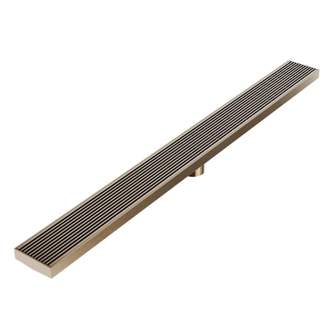 Wedgewire Delmar Series Linear Drain with Plain Edge in Gold finish – stainless-steel channel drain at standard length, featuring a corrosion-resistant wedge-wire grate and smooth plain-edge design for luxe shower floors and optimal water flow.