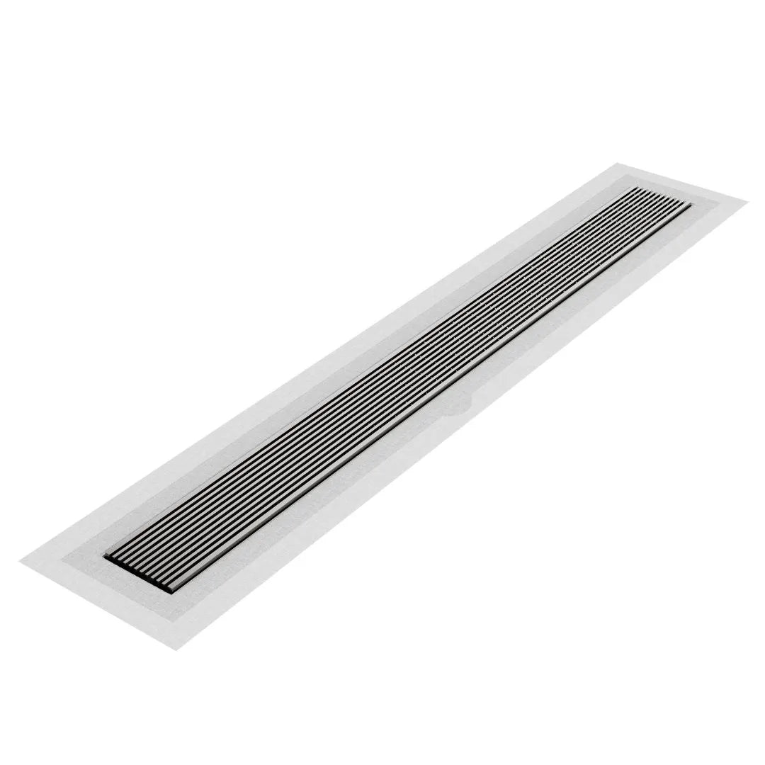 Wedgewire Delmar Series Linear Drain with Flange Edge in Satin finish – stainless-steel channel drain at standard length, featuring a corrosion-resistant wedge-wire grate and integrated flange edge for watertight installation and high-flow drainage.