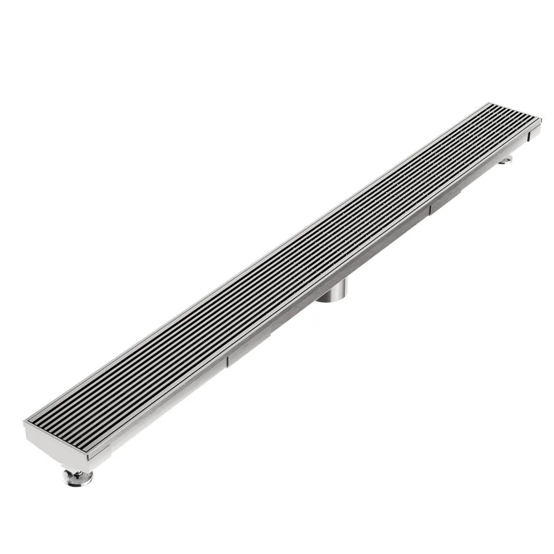 Wedgewire Delmar Adjustable Kit Linear Drain in Polished finish with 2″ outlet – stainless-steel adjustable-length channel drain kit featuring a corrosion-resistant wedge-wire grate, integrated 2″ outlet, and on-site adjustable frame for seamless luxury shower drainage.