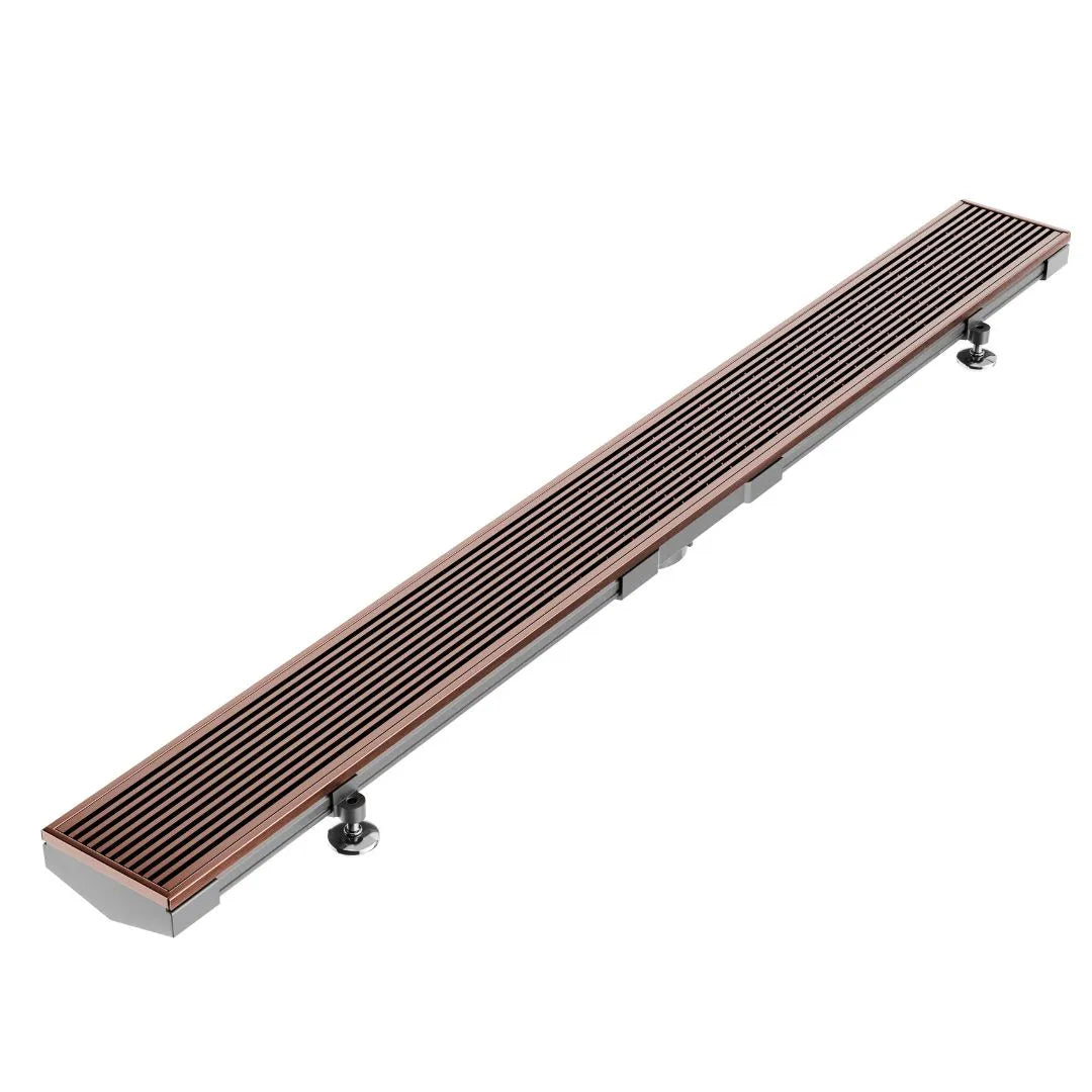 Wedgewire Adjustable Kit Lagos Linear Drain in Bronze finish with 2″ outlet – stainless-steel adjustable-length channel drain kit featuring corrosion-resistant wedge-wire grate, integrated 2″ outlet, and versatile on-site frame for precise fitting and efficient water evacuation in luxury showers.
