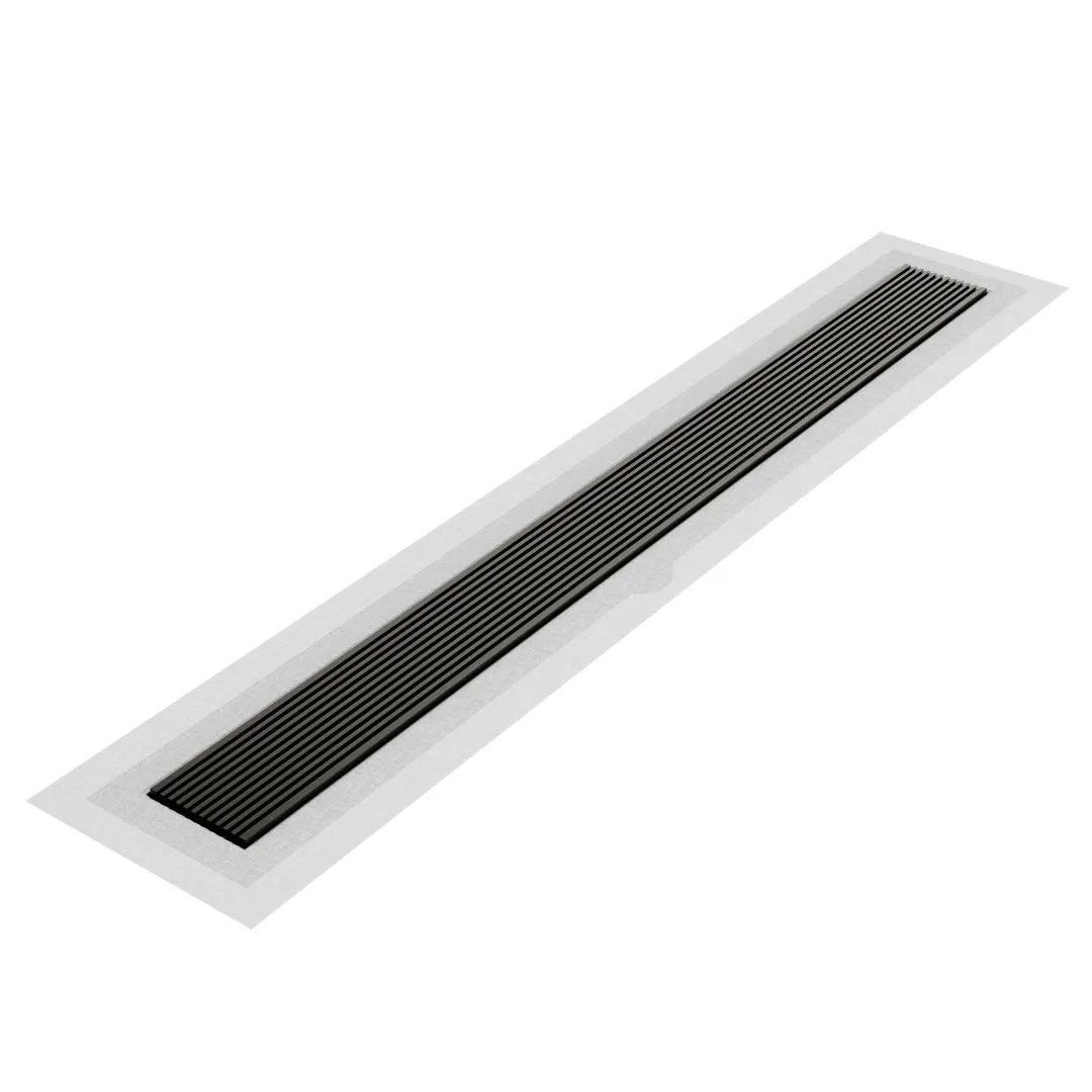 Wedgewire Delmar Series Linear Drain with Flange Edge in Black finish – stainless-steel channel drain at standard length, featuring a corrosion-resistant wedge-wire grate and integrated flange edge for watertight installation and modern water drainage.