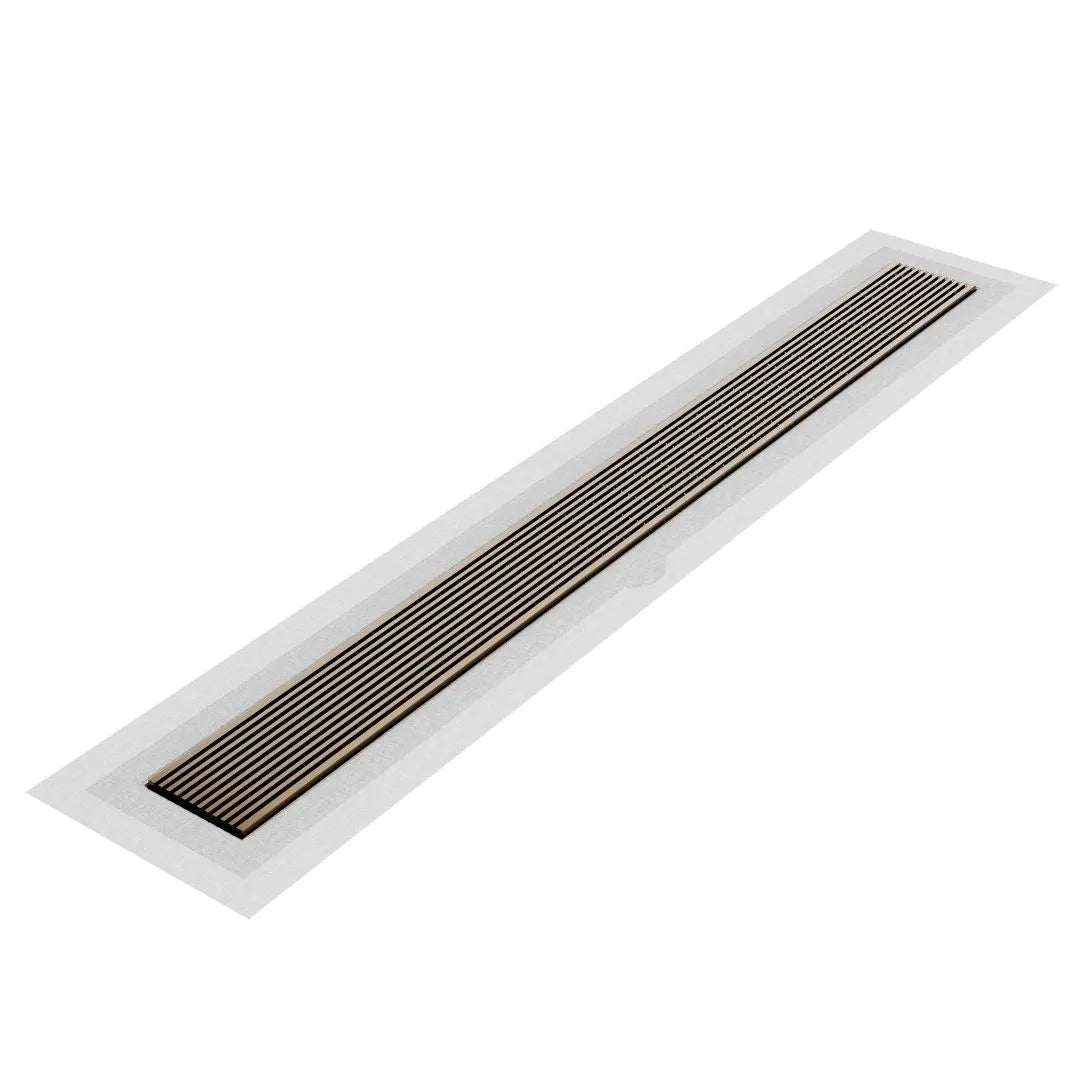 Wedgewire Delmar Series Linear Drain with Flange Edge in Gold finish – stainless-steel channel drain at standard length, featuring a corrosion-resistant wedge-wire grate and integrated flange edge for watertight installation and premium water drainage.
