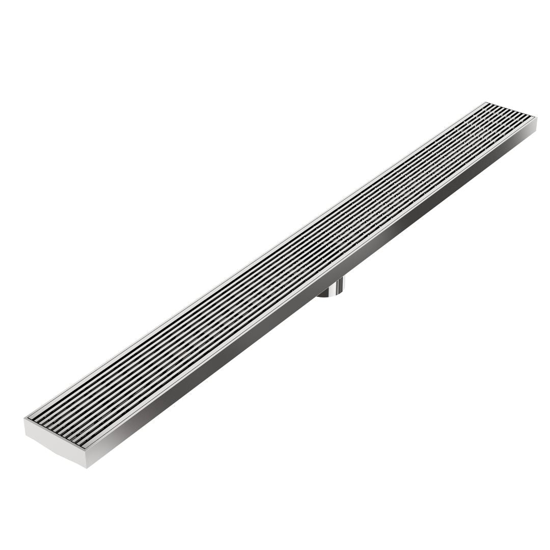 Wedgewire Delmar Series Linear Drain with Plain Edge in Polished finish – stainless-steel channel drain at standard length with side outlet, featuring a corrosion-resistant wedge-wire grate and smooth edge design for efficient water flow and modern bathroom aesthetics.