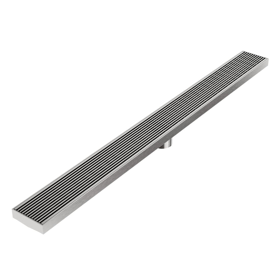 Wedgewire Delmar Series Linear Drain with Plain Edge in Satin finish – stainless-steel channel drain at standard length, featuring a corrosion-resistant wedge-wire grate and smooth plain edge design for high-flow performance and sleek shower integration.