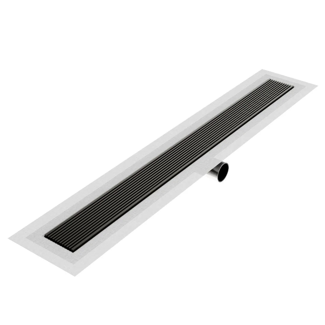 Wedgewire Delmar Series Linear Drain in Black finish – stainless-steel channel drain with standard length and side outlet, featuring a corrosion-resistant wedge-wire grate for high-flow performance and seamless integration in modern shower floors.