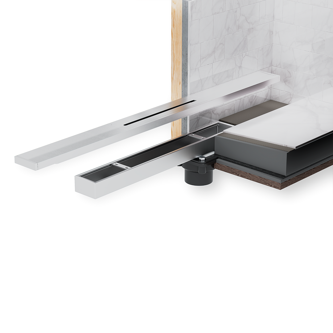 QM Drain Delmar Series Supreme Drain, featuring a sleek stainless-steel channel with a modern perforated grate design. This image showcases the drain’s efficient water drainage and seamless integration into luxury shower floors, providing a minimalist aesthetic for high-end bathroom installations.