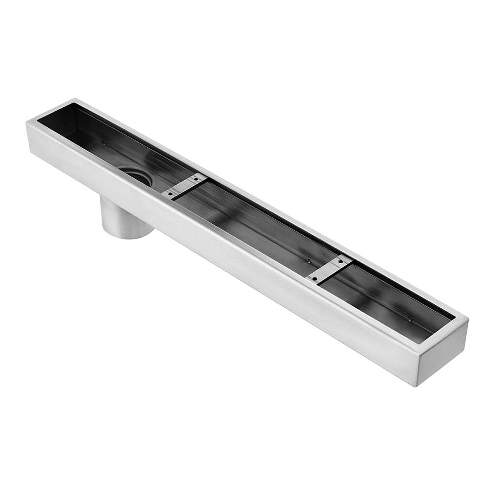 QM Drain Delmar Series Supreme Drain, featuring a sleek stainless-steel channel with a precision perforated grate design. This drain offers efficient water drainage and seamless integration, ideal for modern luxury shower floors and bathroom installations with a minimalist aesthetic.