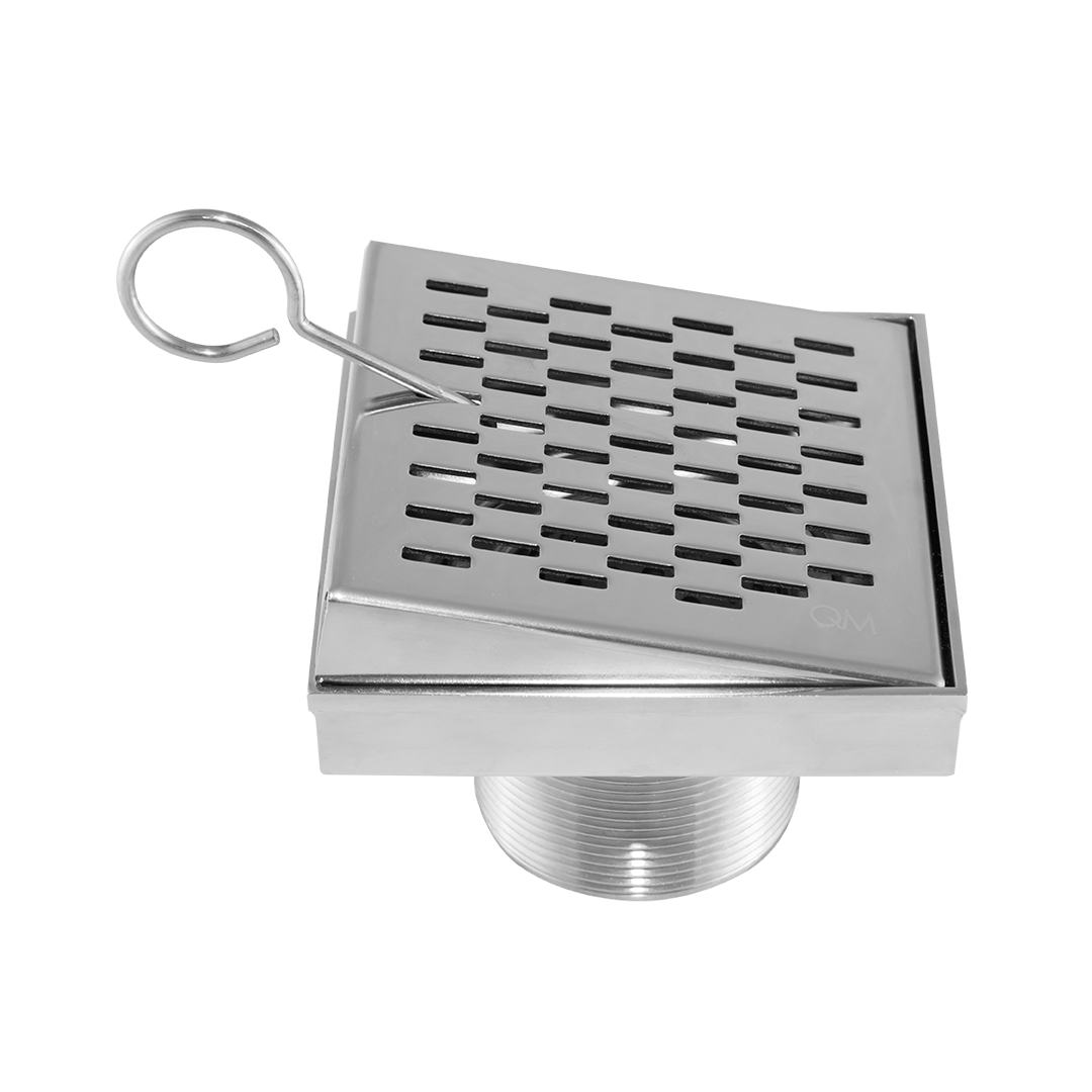 QM Drain Delmar Delta Square Drain, featuring a stainless-steel square-pattern grate. This drain provides efficient water drainage and seamless tile integration, offering a modern and sleek design perfect for luxury shower and bathroom floor installations.