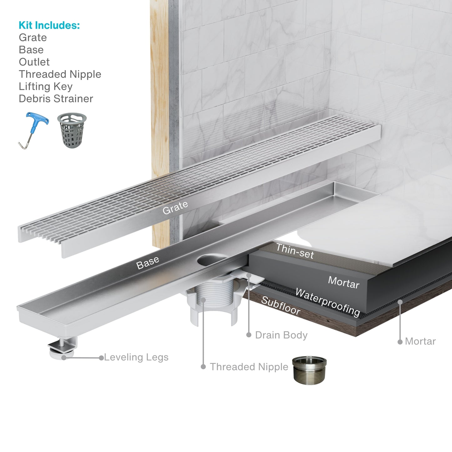 QM Drain Kai Delmar Standard Length Linear Drain, featuring a sleek stainless-steel channel with a modern grate design. This drain ensures efficient water drainage, seamless tile integration, and a minimalist aesthetic, perfect for high-end shower and bathroom floor installations.
