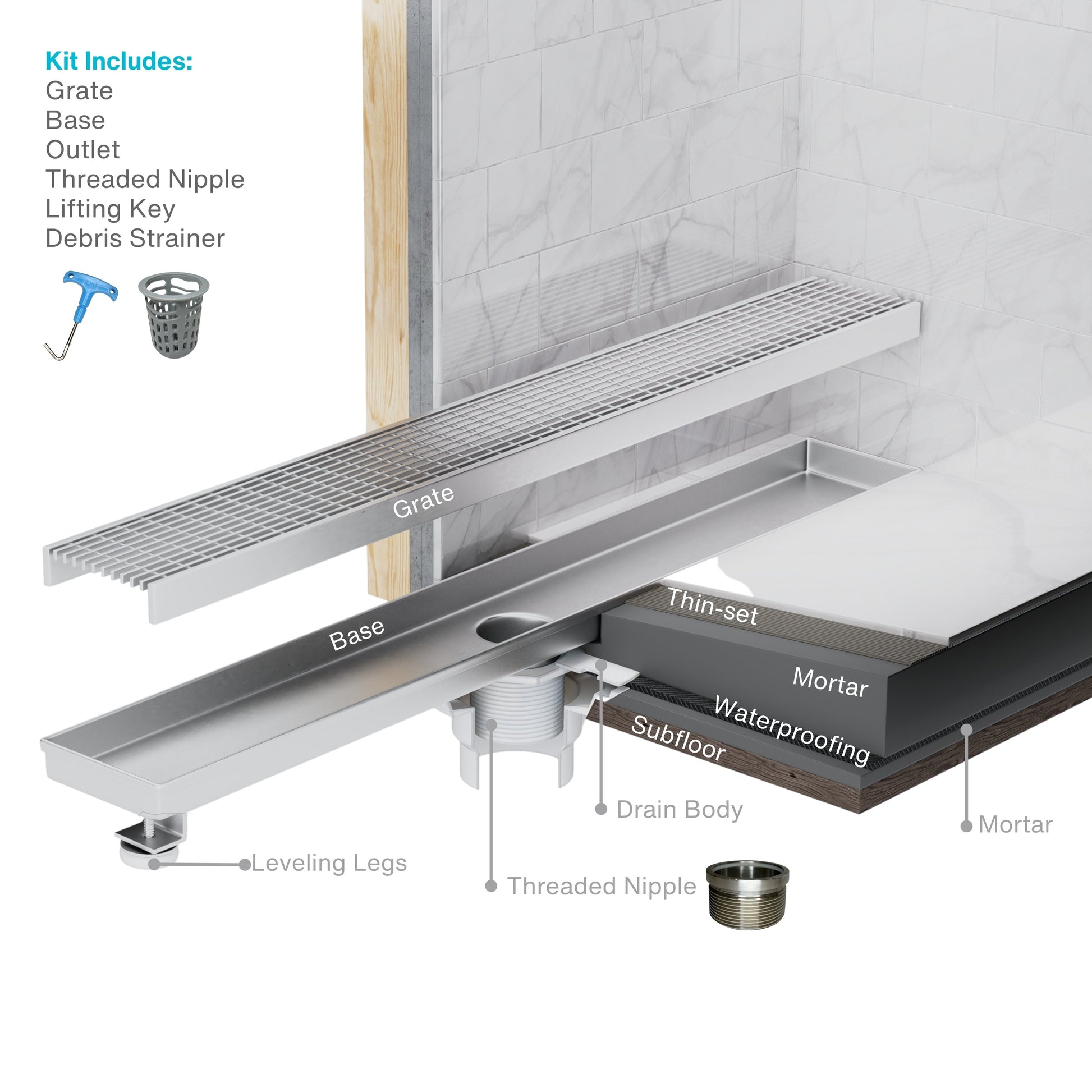 Descriptive image of the QM Drain Lotus Delmar Standard Length Plain Edge Linear Drain, featuring a sleek stainless-steel channel with a smooth plain edge design. This drain ensures efficient water drainage and seamless integration into modern, luxury bathroom floors.