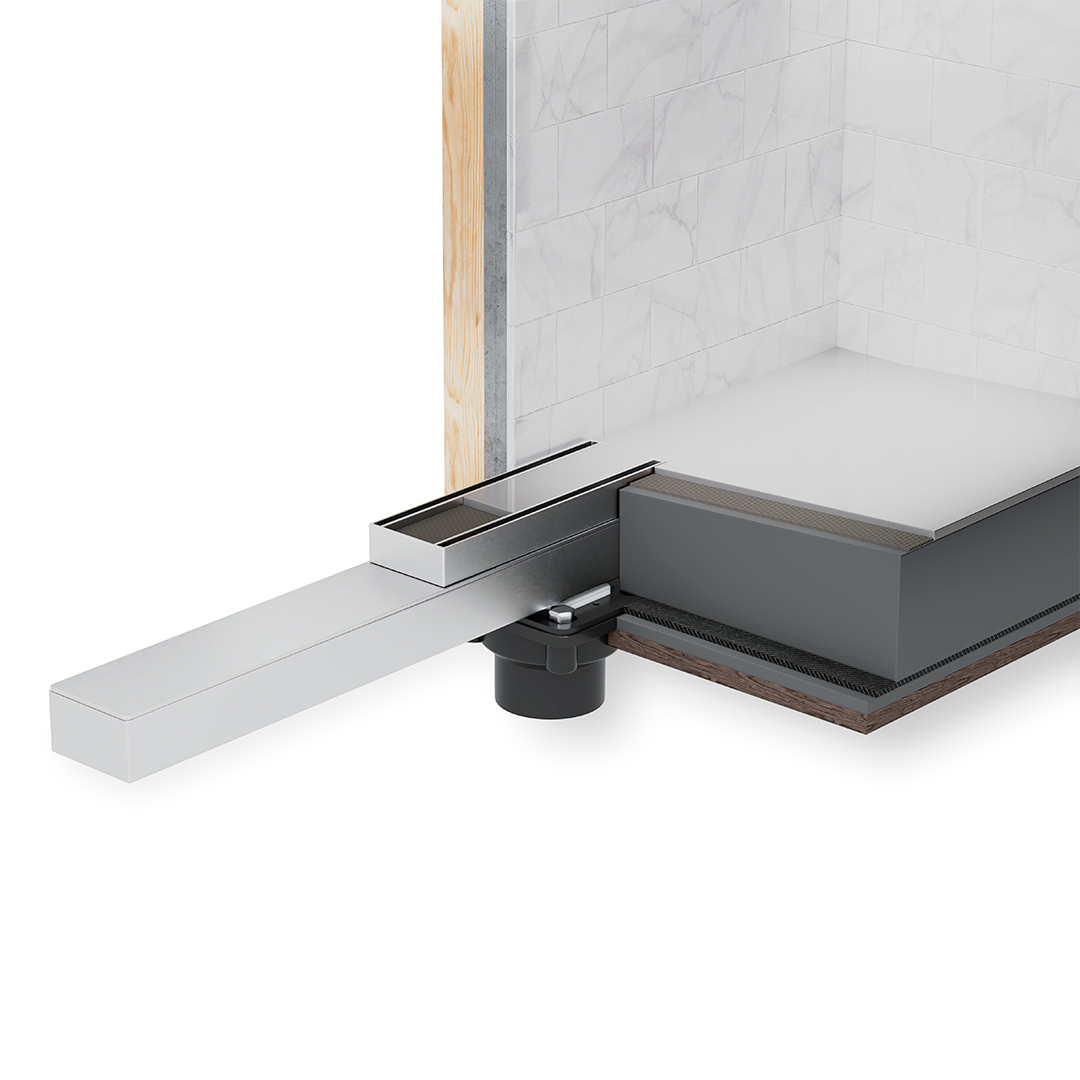 Modern shower floor showcasing the QM Drain Supreme Tile-In 2-in-1 Drain in Gold finish—tile-integrated stainless-steel channel with dual-function grate and trap design, featuring a seamless waterproof flange and efficient water evacuation for luxury bathroom installations.