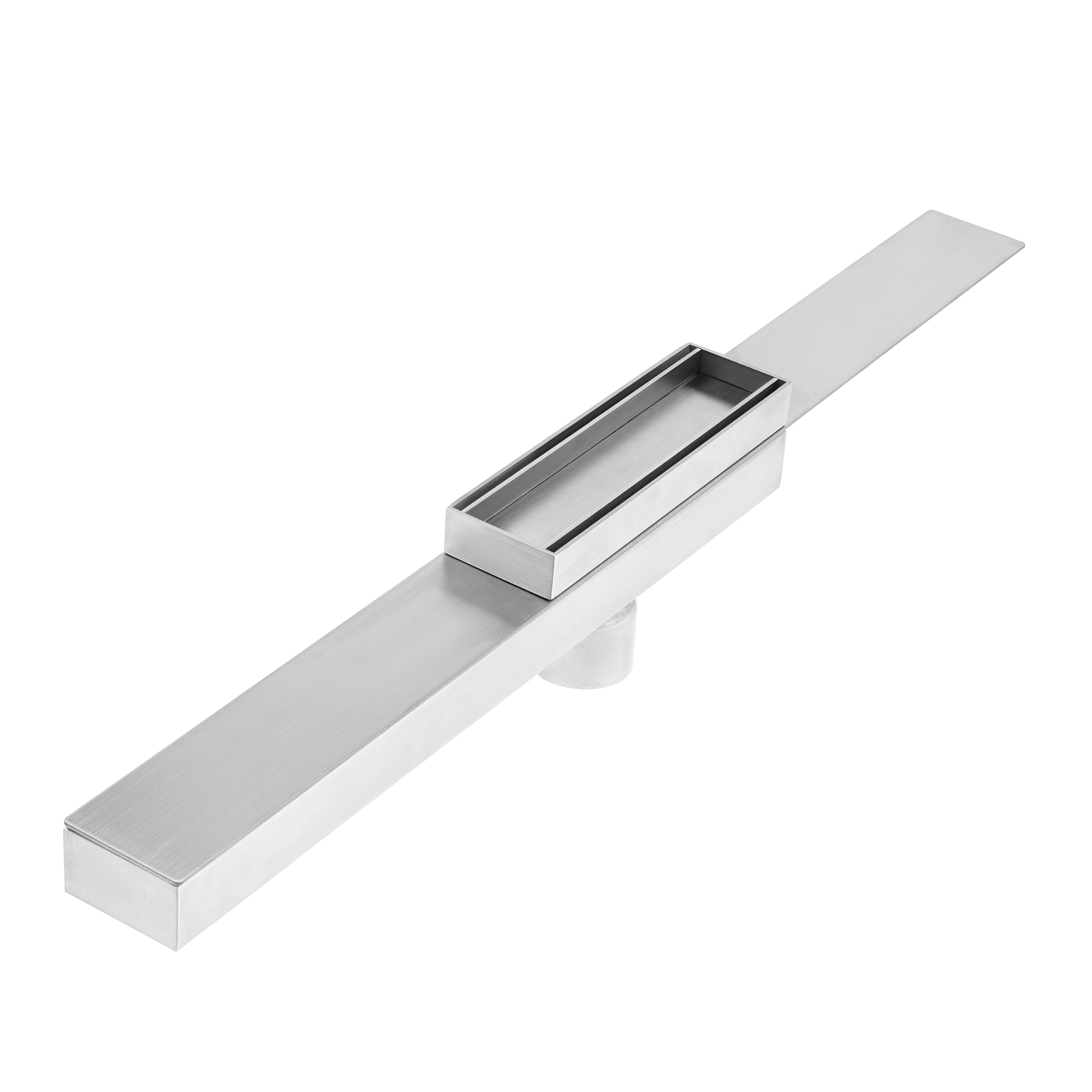 Modern shower floor showcasing the QM Drain Supreme Tile-In 2-in-1 Drain in Satin finish—stainless-steel channel with integrated tile-in grate and secondary trap design, delivering seamless aesthetic, secure waterproofing, and efficient dual-function water drainage in luxury bathrooms.