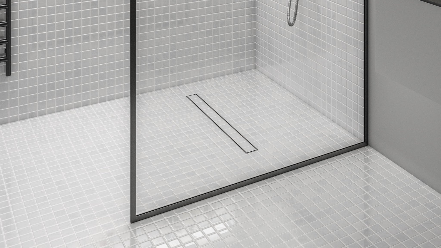 Banner showing the Bay Linear 2 in 1 Linear Drain installed in a bathroom floor, highlighting its premium stainless steel construction, dual-function design, and sleek modern look by QM Drain.