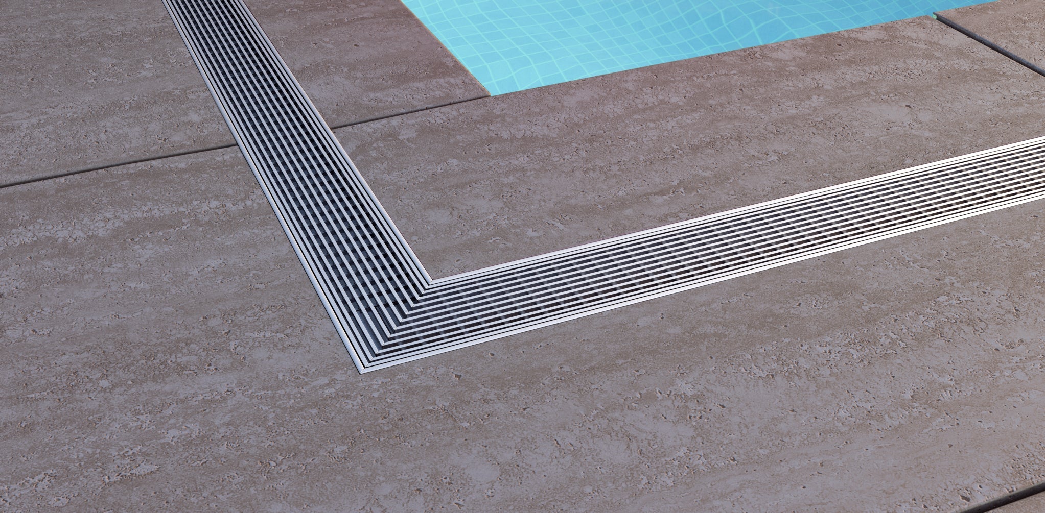 Banner showing a Lagos linear shower drain installed along a bathroom floor, highlighting sleek stainless steel construction, modern design, and premium drainage performance by QM Drain.