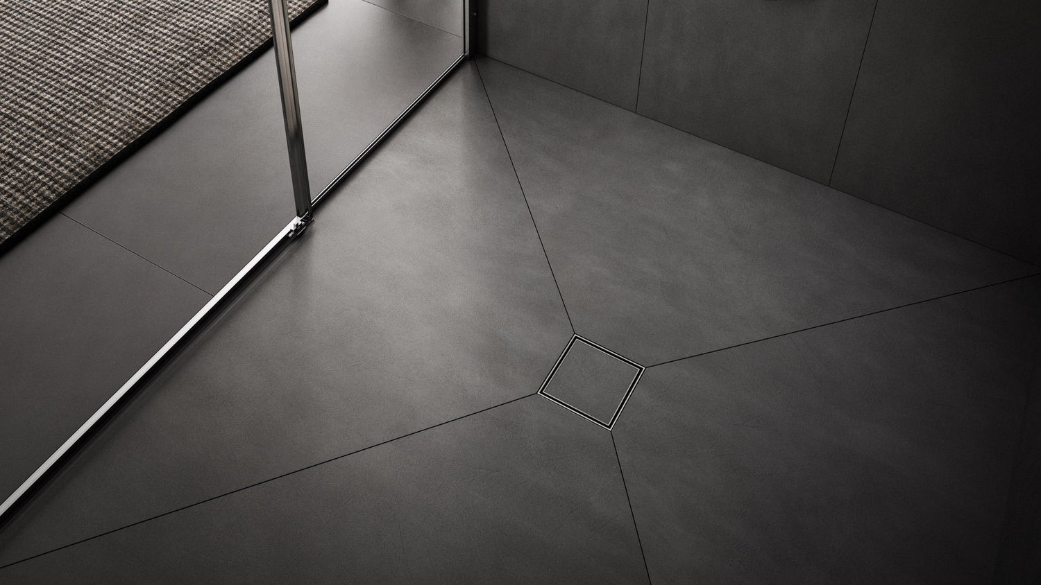 Banner showing a Mist Center Drain installed in a bathroom floor, highlighting its premium stainless steel design, modern style, and durable performance by QM Drain.