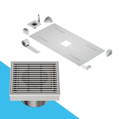 QM Drain Prefab Shower Curbless Wedgewire Center Square Drain 4x4 in Satin finish, featuring a sleek stainless-steel channel with precision wedge-wire grate. This drain is ideal for curbless shower installations, providing efficient water drainage and seamless integration into modern luxury bathroom floors.