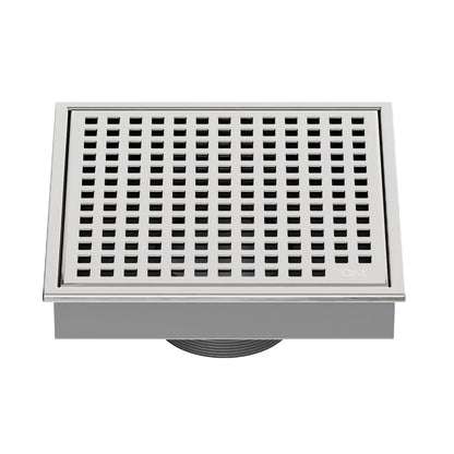 QM Drain Lagos Mira Square Drain 5 3/4 in Satin finish, featuring a sleek stainless-steel square design with a fine perforated grate. This drain offers efficient water drainage, seamless integration into modern shower floors, and a contemporary aesthetic for luxury bathroom installations.