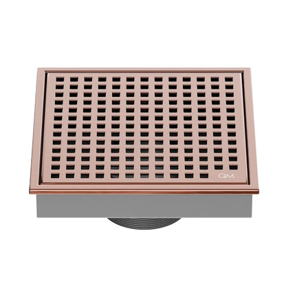 QM Drain Lagos Mira Square Drain 5 3/4 in Bronze finish, featuring a sleek stainless-steel square design with a fine perforated grate. This drain offers efficient water drainage, seamless integration into modern shower floors, and a contemporary aesthetic for luxury bathroom installations.