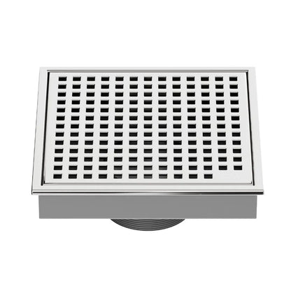 QM Drain Lagos Mira Square Drain 5 3/4 in Polished finish, featuring a sleek stainless-steel square design with a fine perforated grate. This drain offers efficient water drainage, seamless integration into modern shower floors, and a contemporary aesthetic for luxury bathroom installations.
