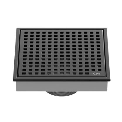 QM Drain Lagos Mira Square Drain 5 3/4 in Black finish, featuring a sleek stainless-steel square design with a fine perforated grate. This drain offers efficient water drainage, seamless integration into modern shower floors, and a contemporary aesthetic for luxury bathroom installations.
