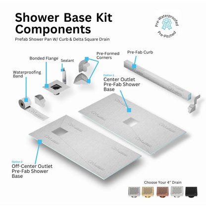 Prefab Shower Pan Kit with Curb and Delta Square Drain