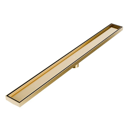 QM Drain Mist (Tile-In) Delmar Standard Length Plain Edge Linear Drain in Gold finish, featuring a sleek stainless-steel channel with a smooth plain edge design. This drain allows seamless tile integration, efficient water drainage, and a modern, minimalist aesthetic for luxury shower installations.