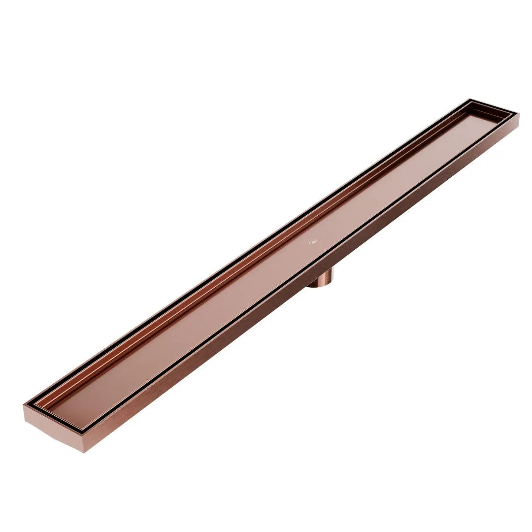 QM Drain Mist (Tile-In) Delmar Standard Length Plain Edge Linear Drain in Bronze finish, featuring a sleek stainless-steel channel with a smooth plain edge design. This drain allows seamless tile integration, efficient water drainage, and a modern, minimalist aesthetic for luxury shower installations.