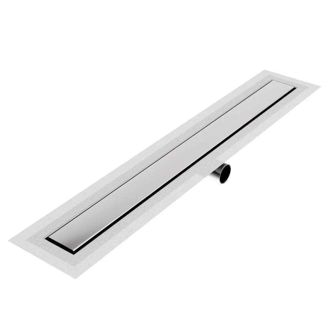 QM Drain Mist Tile-In Delmar Standard Length Side Outlet Linear Drain, featuring a stainless-steel channel with a sleek 'mist' perforated grate and side outlet connection. This drain offers seamless tile integration, efficient water drainage, and a modern aesthetic for luxury shower installations.
