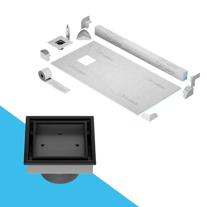 QM Drain Curb Veil (Tile-In) Shower Pan Kit with Square Drain in Black finish, featuring a sleek stainless-steel tile-in grate. This kit ensures efficient water drainage, seamless tile integration, and a modern aesthetic, ideal for luxury shower installations with a 4x4 square drain.