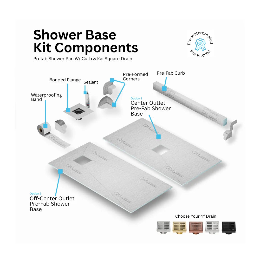 Prefab Shower Pan Kit with Curb and Kai Square Drain