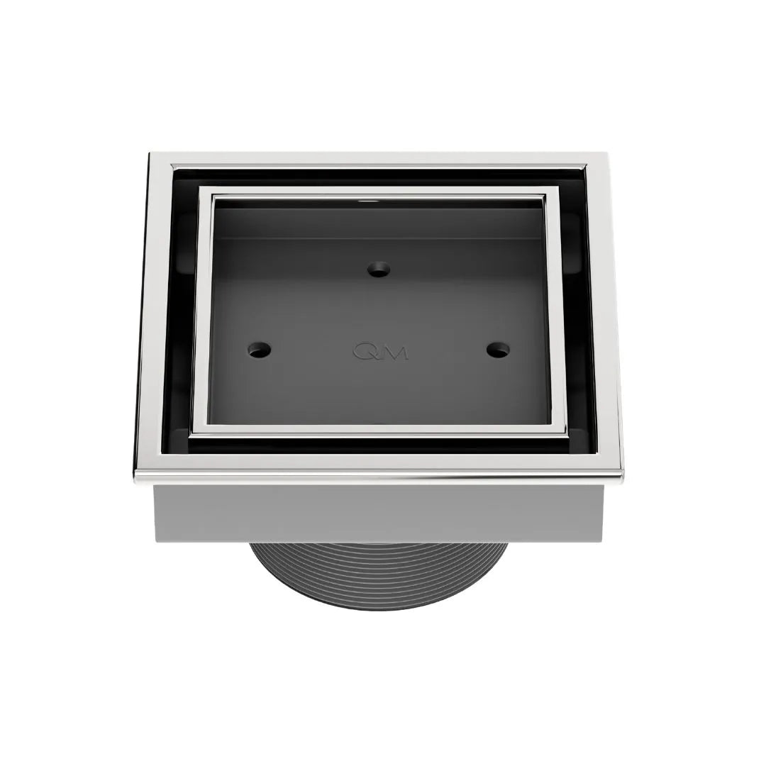 QM Drain Lagos Veil (Tile-In) Square Drain 4" in Polished finish, featuring a sleek stainless-steel channel with a concealed grate design for seamless tile integration. This drain offers efficient water drainage and a modern minimalist aesthetic, perfect for luxury shower and bathroom installations.