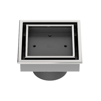 QM Drain Lagos Veil (Tile-In) Square Drain 4" in Polished finish, featuring a sleek stainless-steel channel with a concealed grate design for seamless tile integration. This drain offers efficient water drainage and a modern minimalist aesthetic, perfect for luxury shower and bathroom installations.