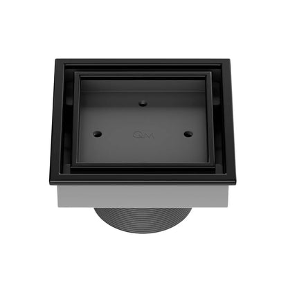 QM Drain Lagos Veil (Tile-In) Square Drain 4" in Black finish, featuring a sleek stainless-steel channel with a concealed grate design for seamless tile integration. This drain offers efficient water drainage and a modern minimalist aesthetic, perfect for luxury shower and bathroom installations.