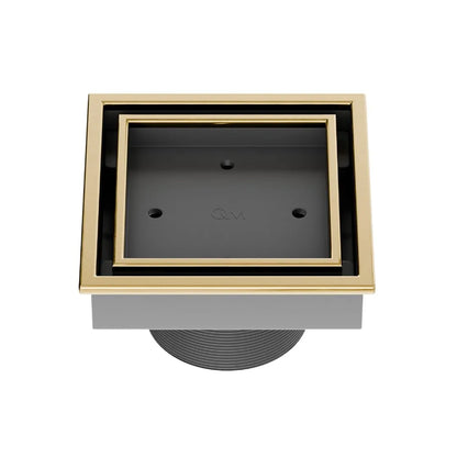 QM Drain Lagos Veil (Tile-In) Square Drain 4" in Gold finish, featuring a sleek stainless-steel channel with a concealed grate design for seamless tile integration. This drain offers efficient water drainage and a modern minimalist aesthetic, perfect for luxury shower and bathroom installations.